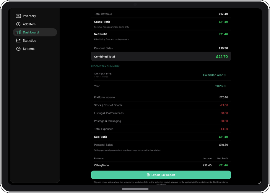iPad tax summary dark mode
